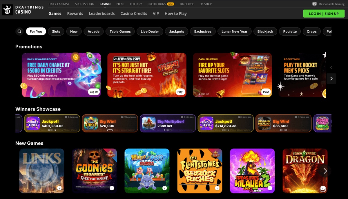 DraftKings games lobby with promotions and new games banners.